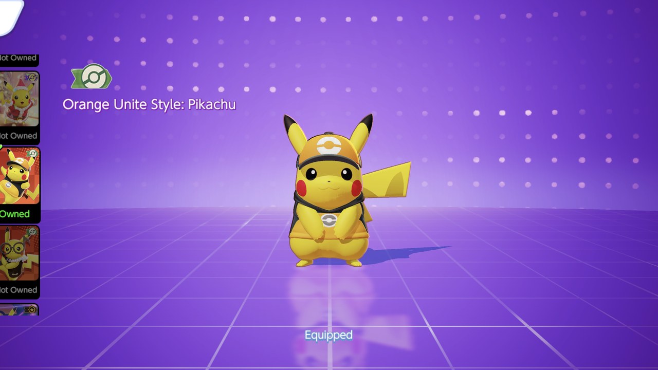A Pokémon Unite holowear screen with Pikachu in the Orange Unite Style, from the official end of service event notice (The Pokémon Company, via pokemonunite.jp).