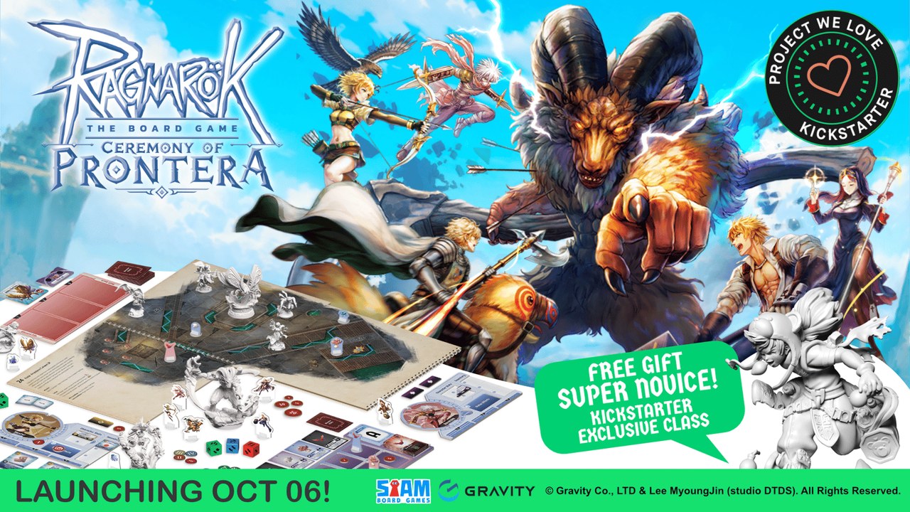 Ragnarok the Board Game: Ceremony of Prontera Kickstarter key art with miniatures and board (Siam Board Games / Gravity Co., Ltd and Lee MyoungJin, studio DTDS).