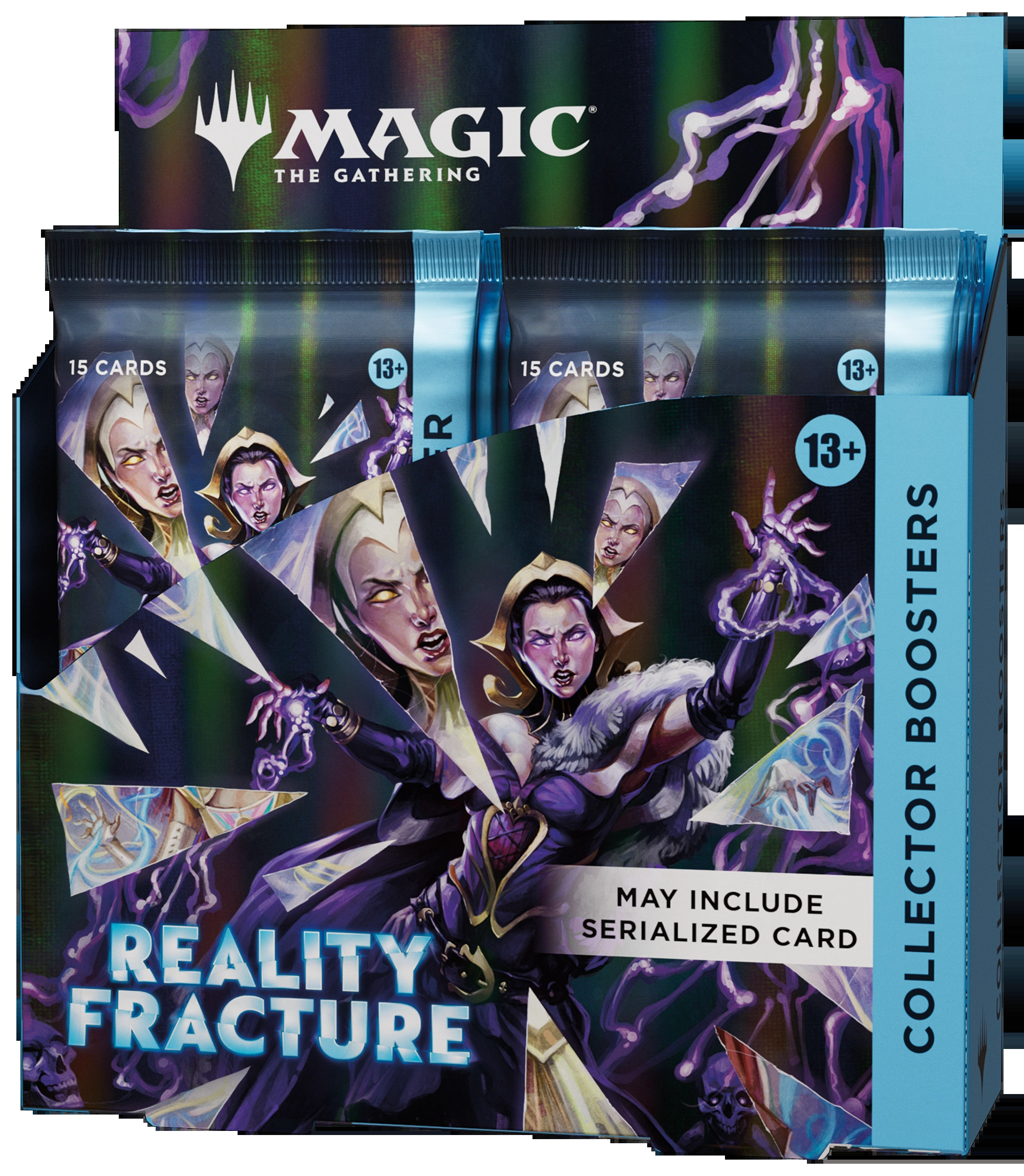 Official Wizards of the Coast product still of the Reality Fracture Collector Booster display noting serialized card potential. Wizards of the Coast.