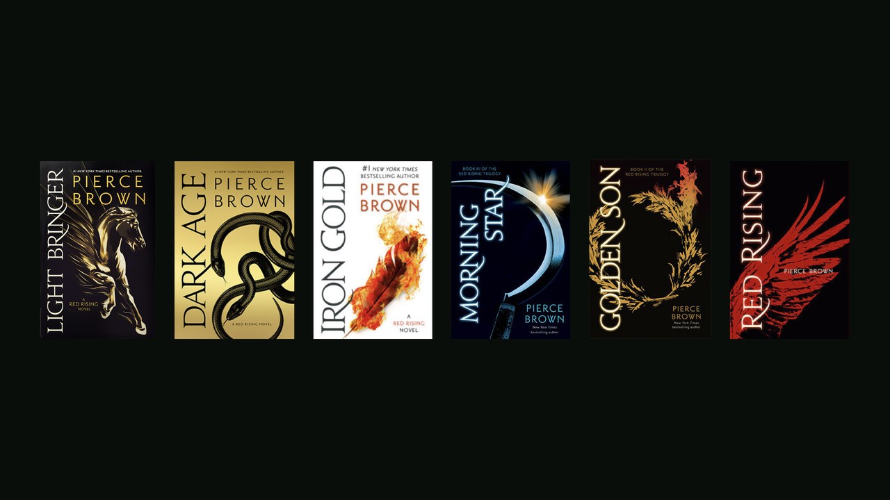 The six published Red Rising saga novels, from Light Bringer back to Red Rising (Pierce Brown and Del Rey, via piercebrown.com).