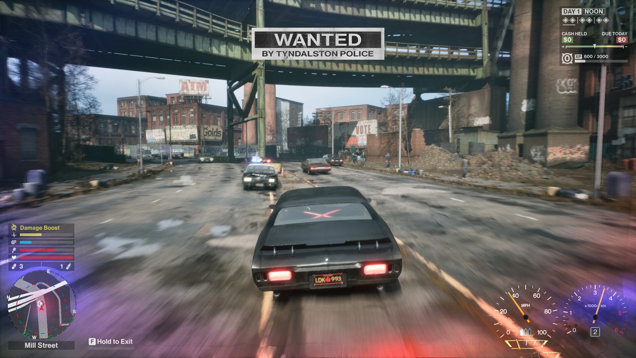 Samson: A Tyndalston Story, a driving chase under a Tyndalston Police wanted banner (Liquid Swords, via Steam).