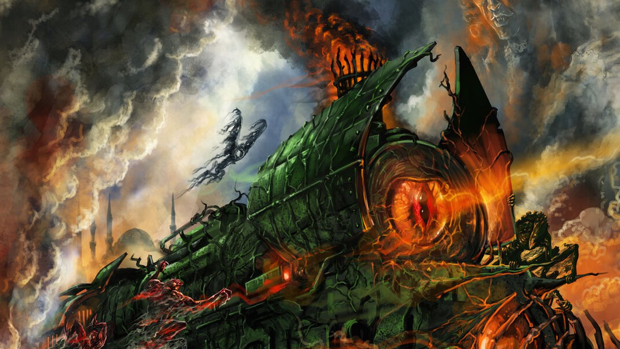 Official Chaosium product art for Horror on the Orient Express board game: 1920s investigators, Dreamlands crisis, and the September 30 street carton.
