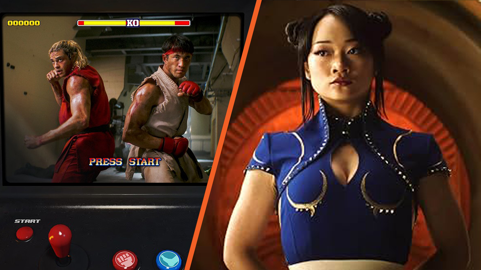 Official Paramount and Legendary promotional art for the Street Fighter Combo Challenge on YouTube Playables: Ryu and Ken framed like an arcade cabinet beside Callina Liang as Chun-Li. Paramount / Legendary / Capcom.