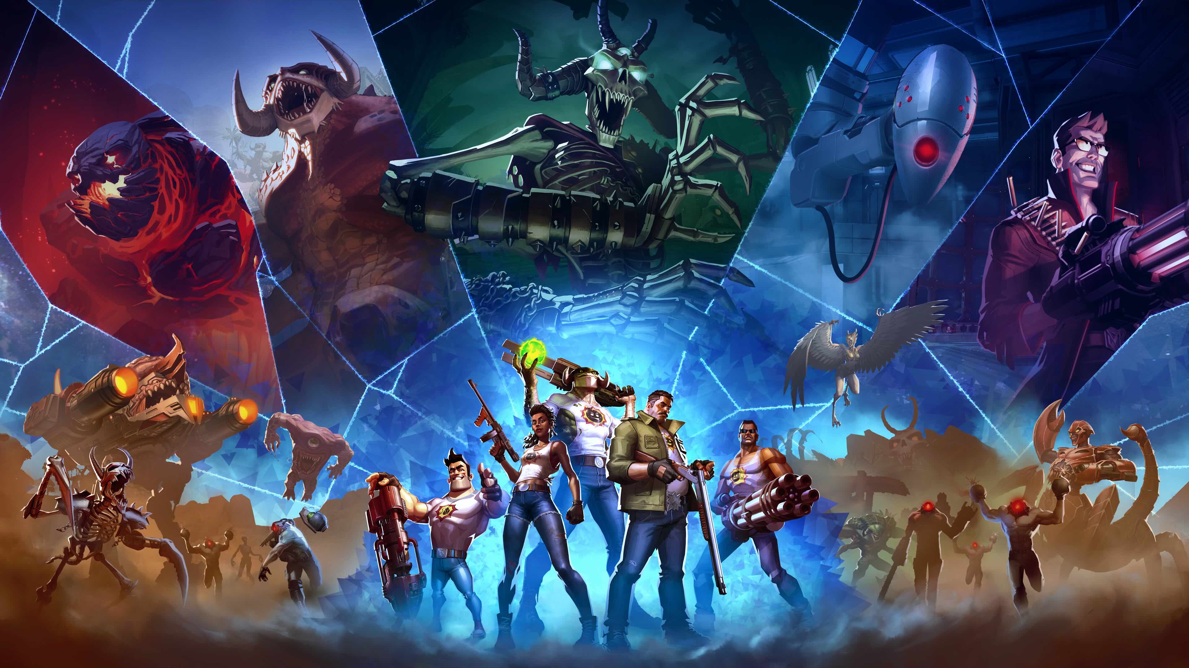 Official Serious Sam: Shatterverse key art: five dimensional Sams posed under a shattered multiverse grid, with Mental's forces in the shards. Devolver Digital / Behaviour Interactive, via PC Gamer.