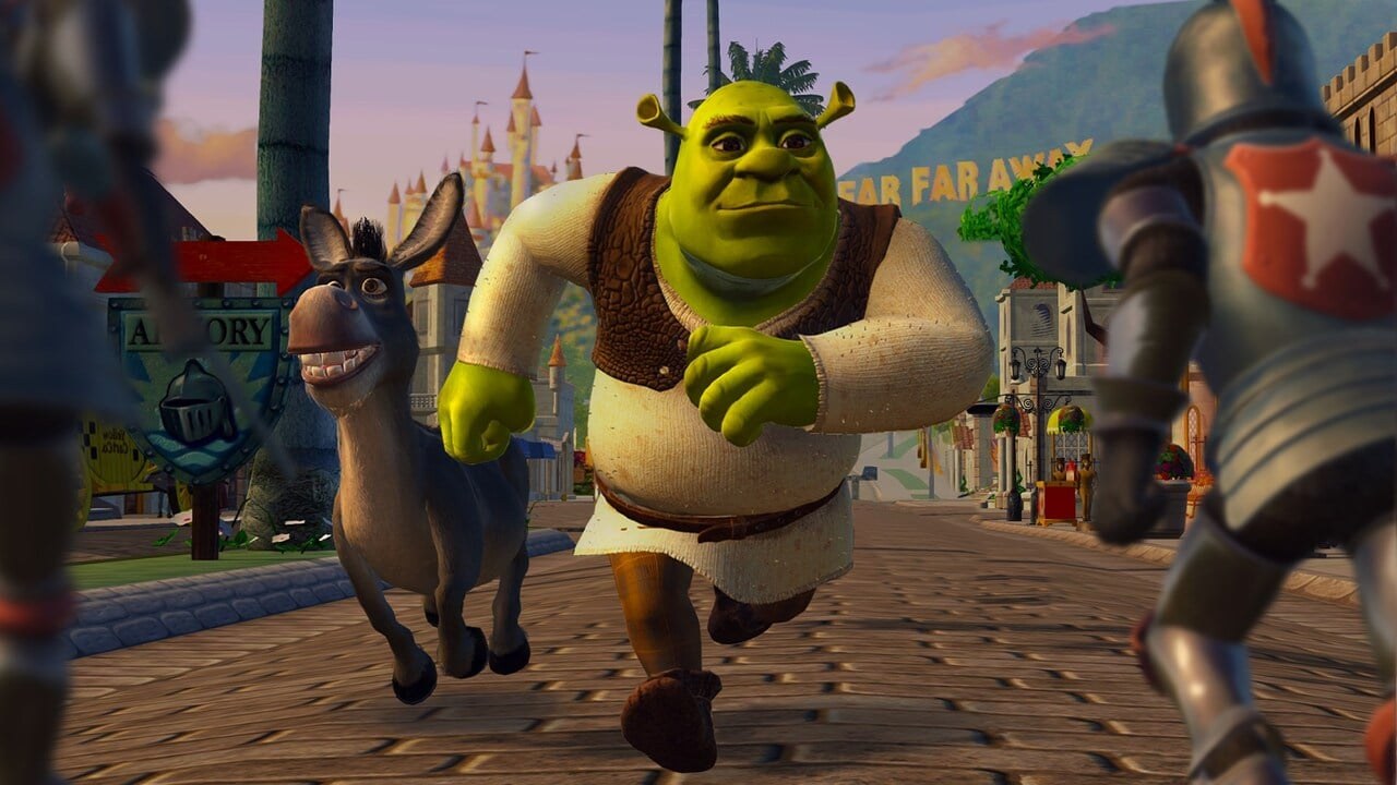 Shrek and Donkey run through the streets of Far Far Away in Shrek 2 Remastered (Aspyr and DreamWorks, via Pure Xbox).