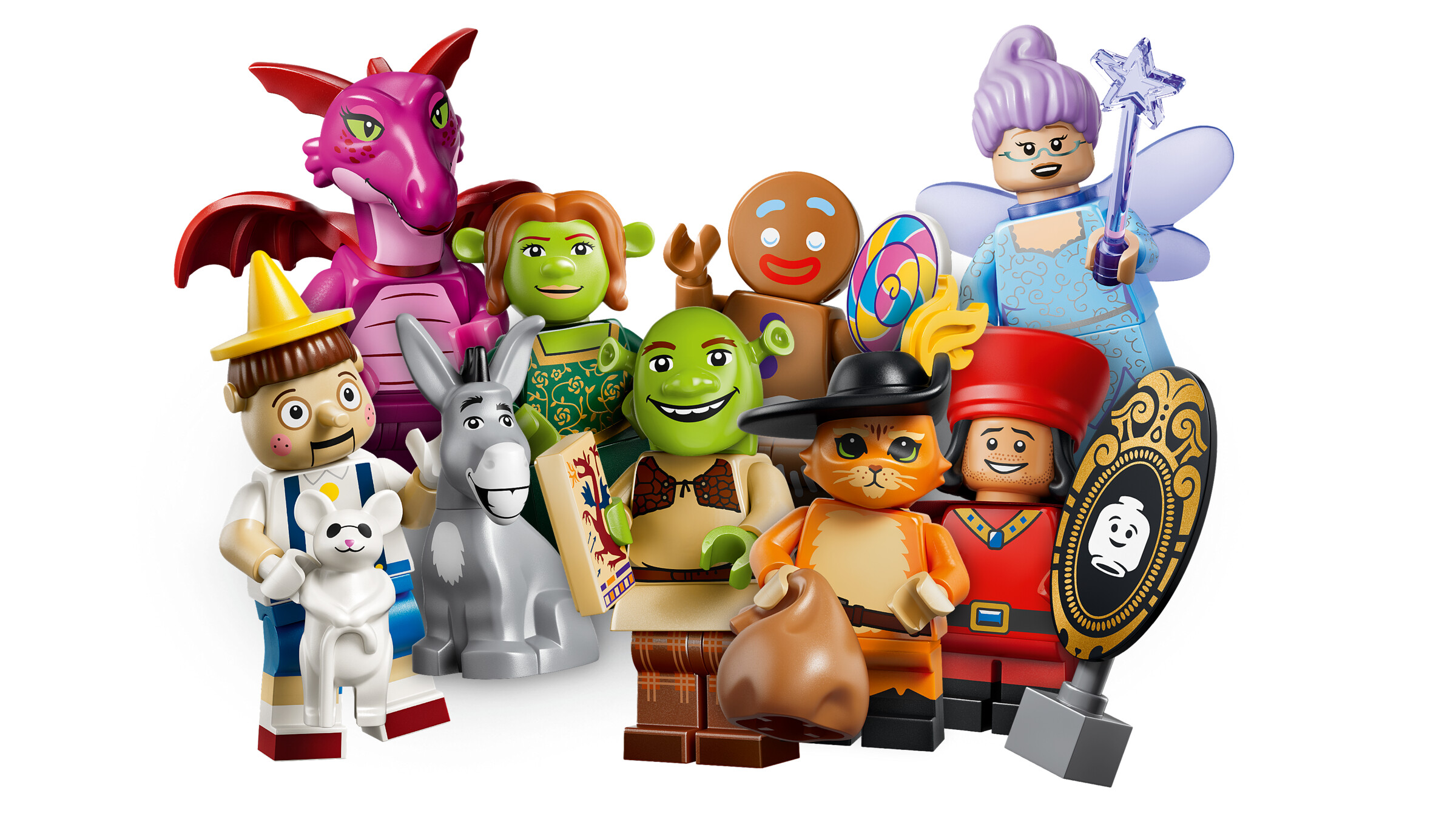Official LEGO product still of 71053 Shrek Collectible Minifigures, white-background lineup. The LEGO Group.
