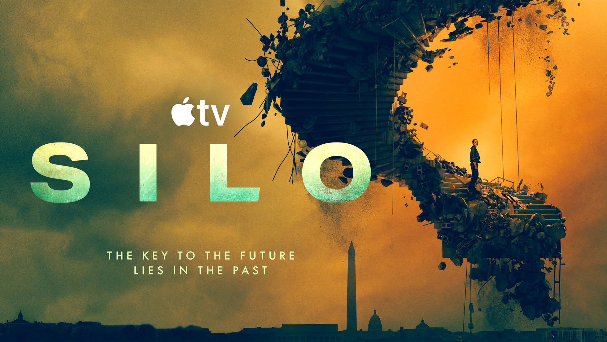Official Apple TV season three key art for Silo, crumbling stair over a Before Times skyline. Apple TV Press, April 21, 2026.