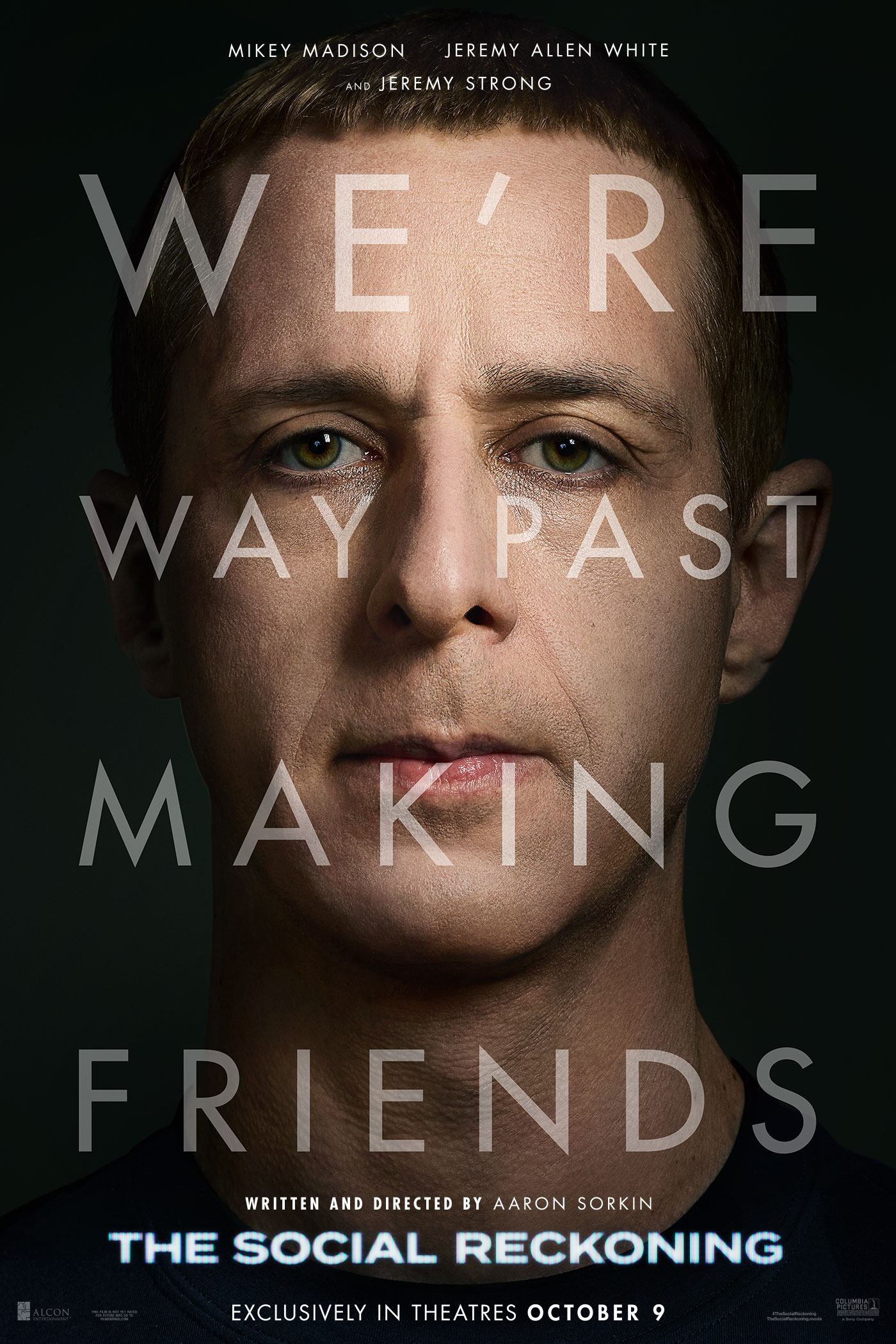 Official key art for Sony Pictures and Columbia Pictures' The Social Reckoning, Jeremy Strong as Mark Zuckerberg. Sony Pictures / Columbia Pictures / thesocialreckoning.movie.