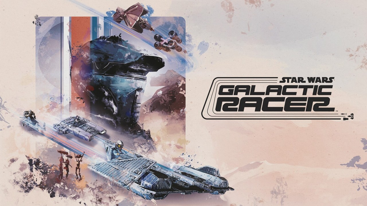 Star Wars: Galactic Racer key art with speeders racing past a Jakku wreck (Lucasfilm Games / Fuse Games, via StarWars.com).