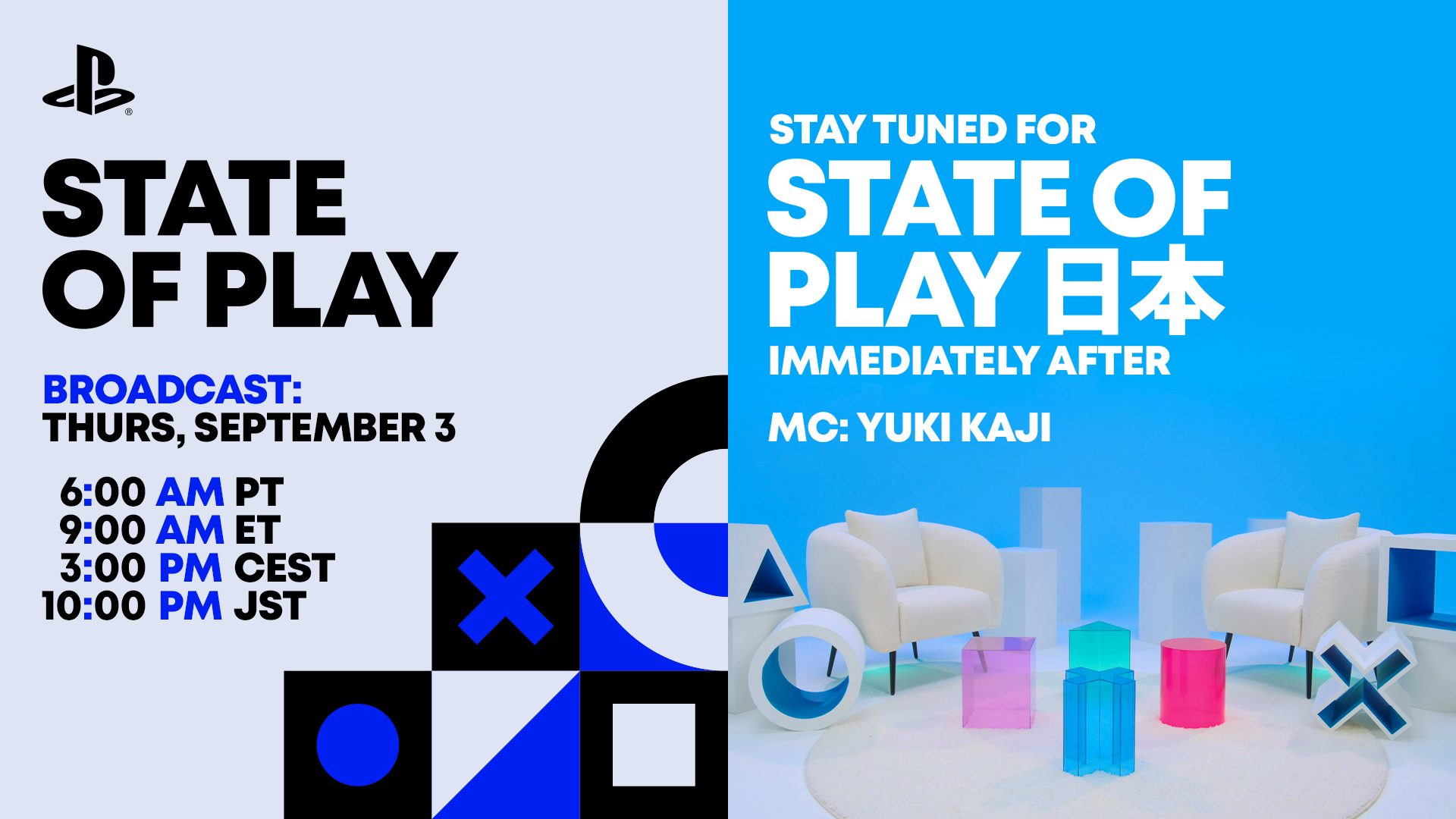 Official PlayStation Blog art for the September 3, 2026 State of Play double-header: English broadcast times on the left, State of Play Japan with host Yuki Kaji flagged immediately after.