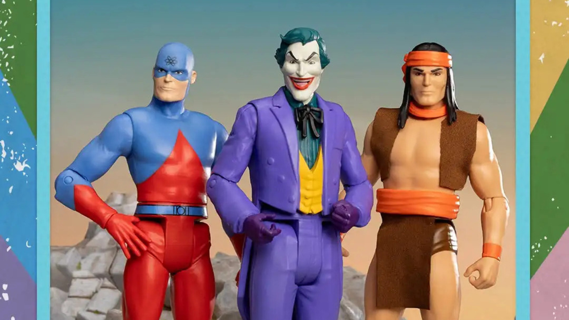 Official McFarlane Toys product still of DC Retro Super Friends Wave 6: The Atom, The Joker, and Apache Chief. Prototypes shown. McFarlane Toys / DC.