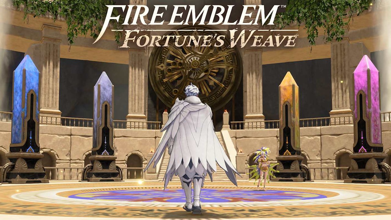 Fire Emblem: Fortune's Weave imagery (Nintendo / Intelligent Systems). Retro desk context for Switch 2 handheld appointment culture.