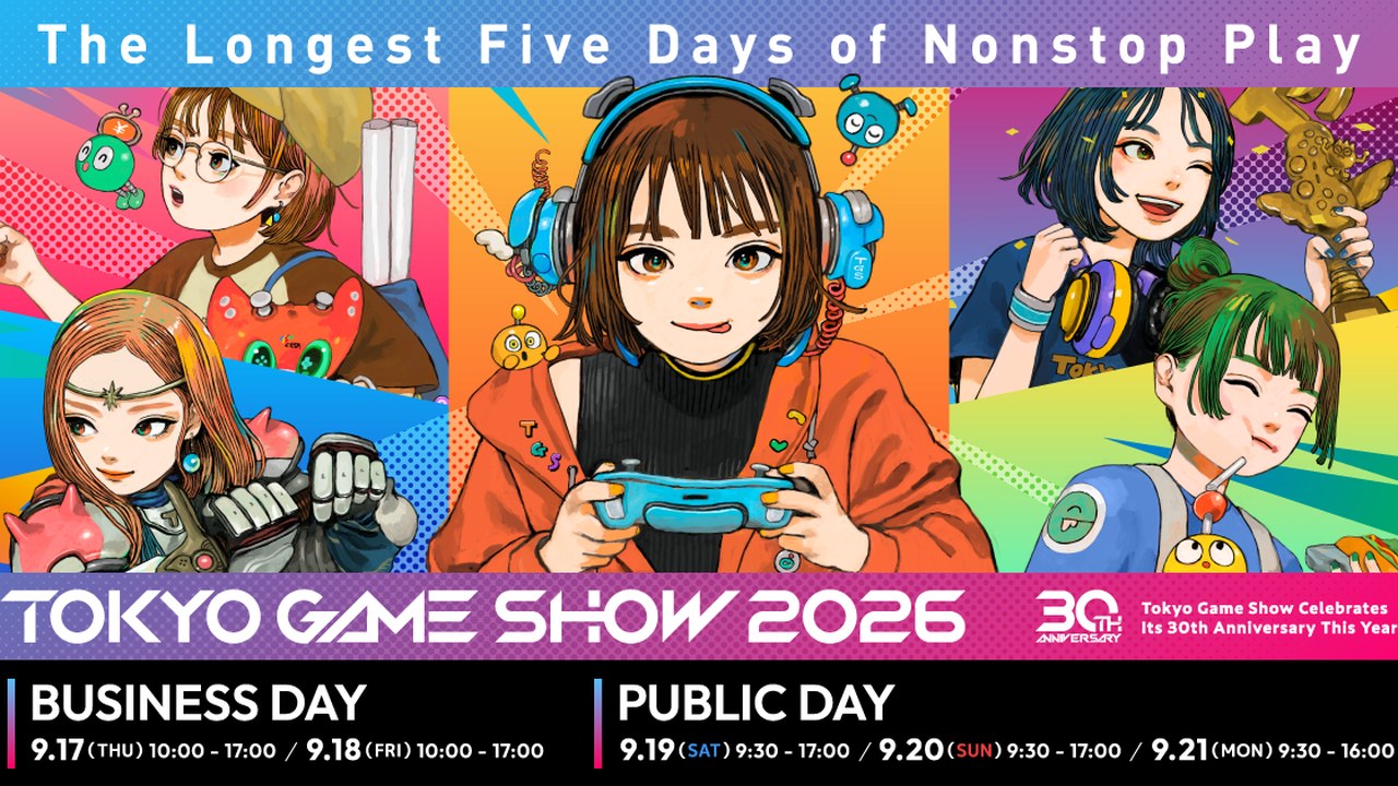 Tokyo Game Show 2026 official key art (CESA). Monday, September 21 program canceled for Typhoon No. 25; Sunday still on.