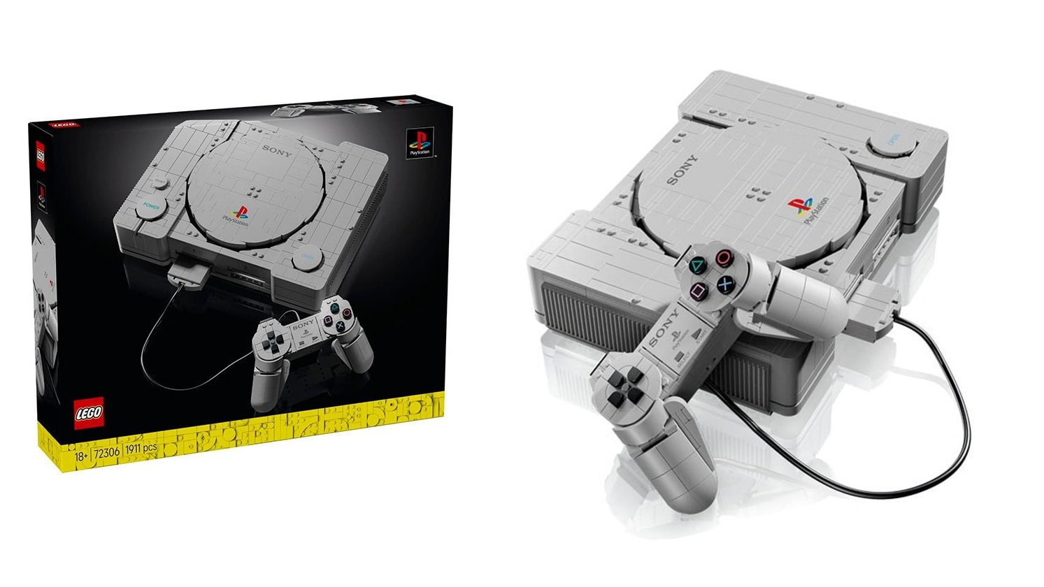 Official LEGO PlayStation reveal mood: the grey original console silhouette rebuilt as an adult display altar with the first controller in brick.