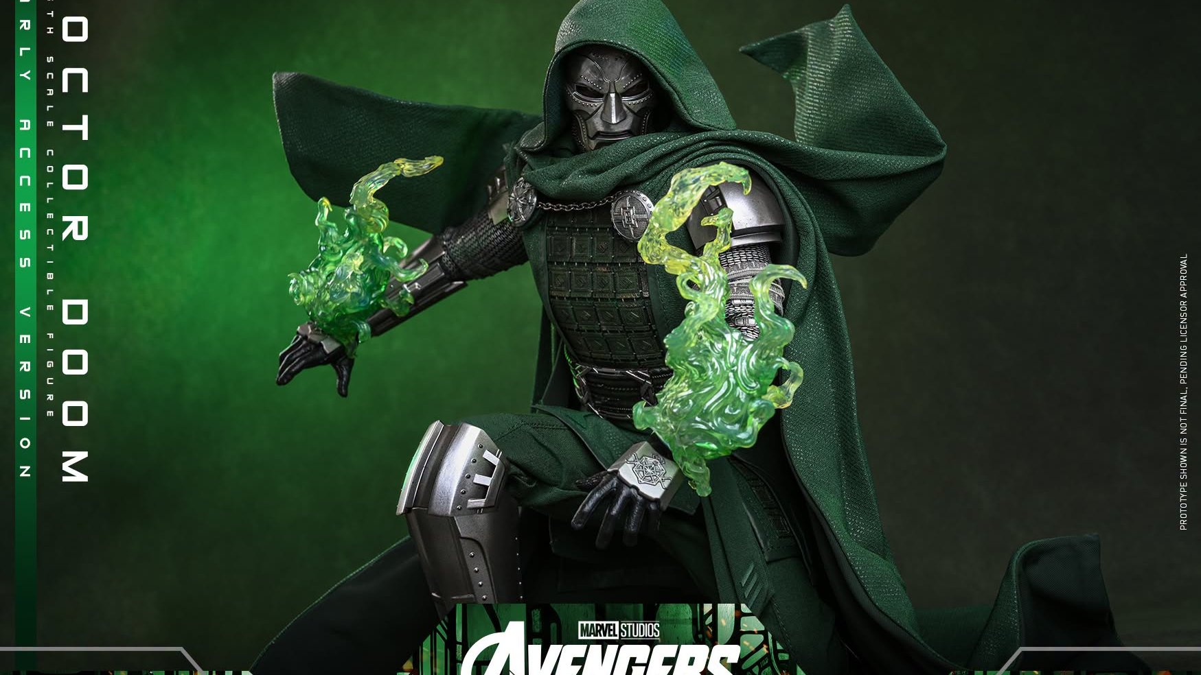 Official Hot Toys Victor Von Doom Avengers: Doomsday sixth-scale figure still in tailored green travel tunic and second mask. Hot Toys / Marvel.
