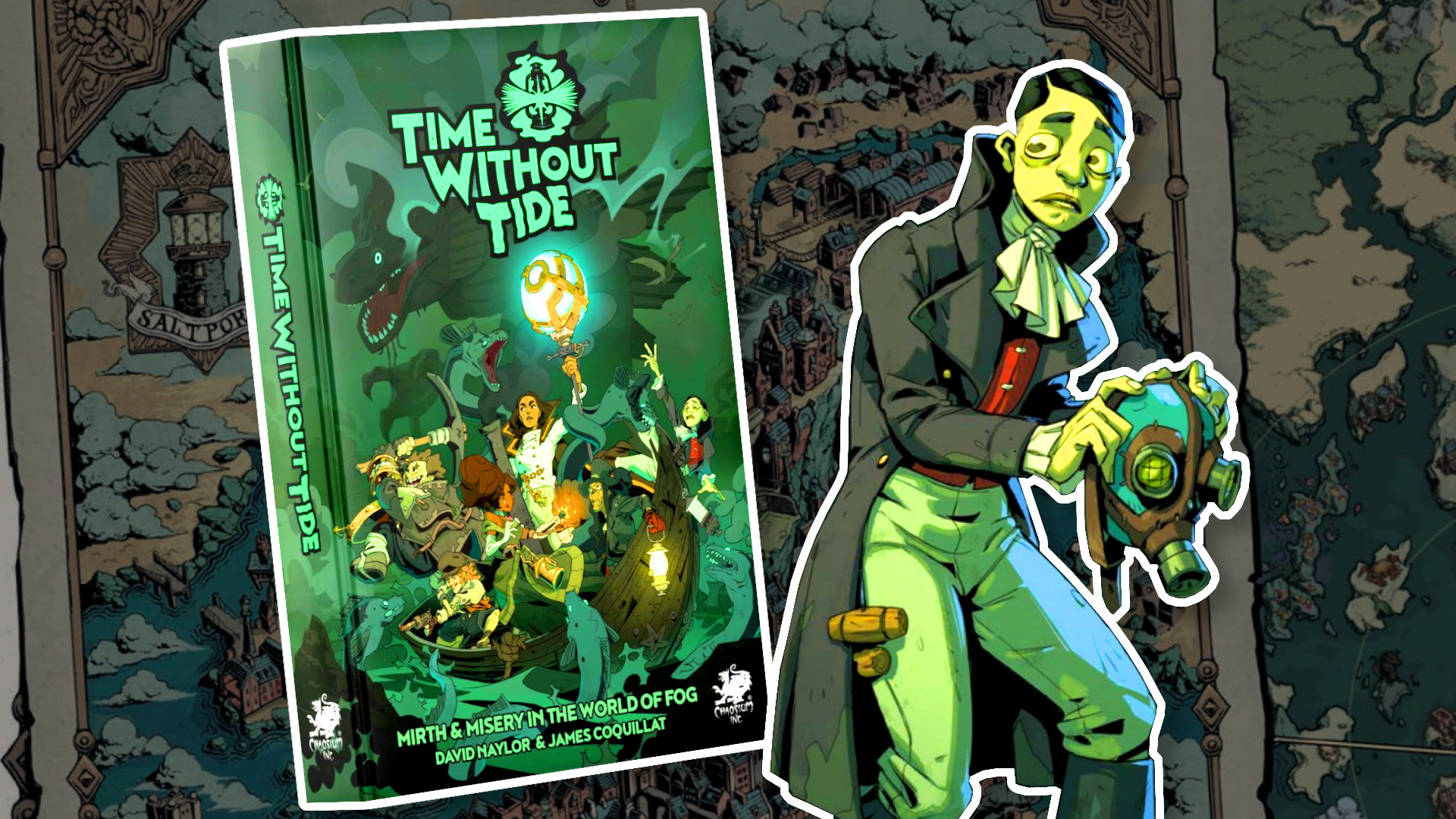 Official Time Without Tide key art: Delvers raise lanterns against the Unknown in a fog-choked faux-Victorian ruin. Chaosium, via Wargamer.