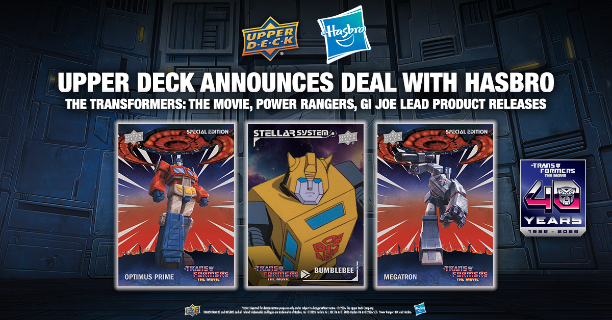 Official Upper Deck press art for the Hasbro licensing deal, showing Transformers: The Movie 40th Anniversary Special Edition and Stellar System card designs. Upper Deck / Hasbro.