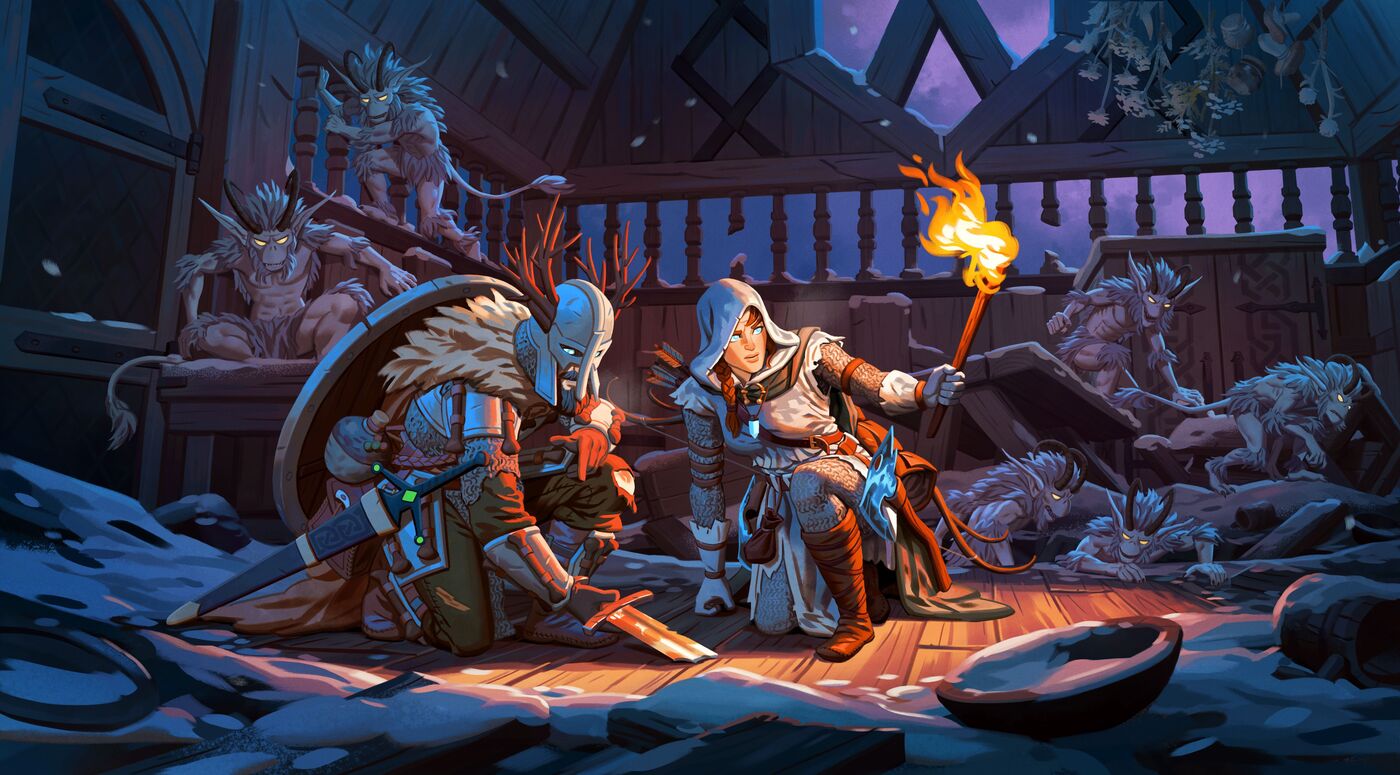 Official Valheim atmosphere still: cold light over a Nordic build, the kind of longhouse shelf Wednesday's 1.0 stamp and Deep North endgame are stress testing across PC, Xbox, PS5, and Switch 2.