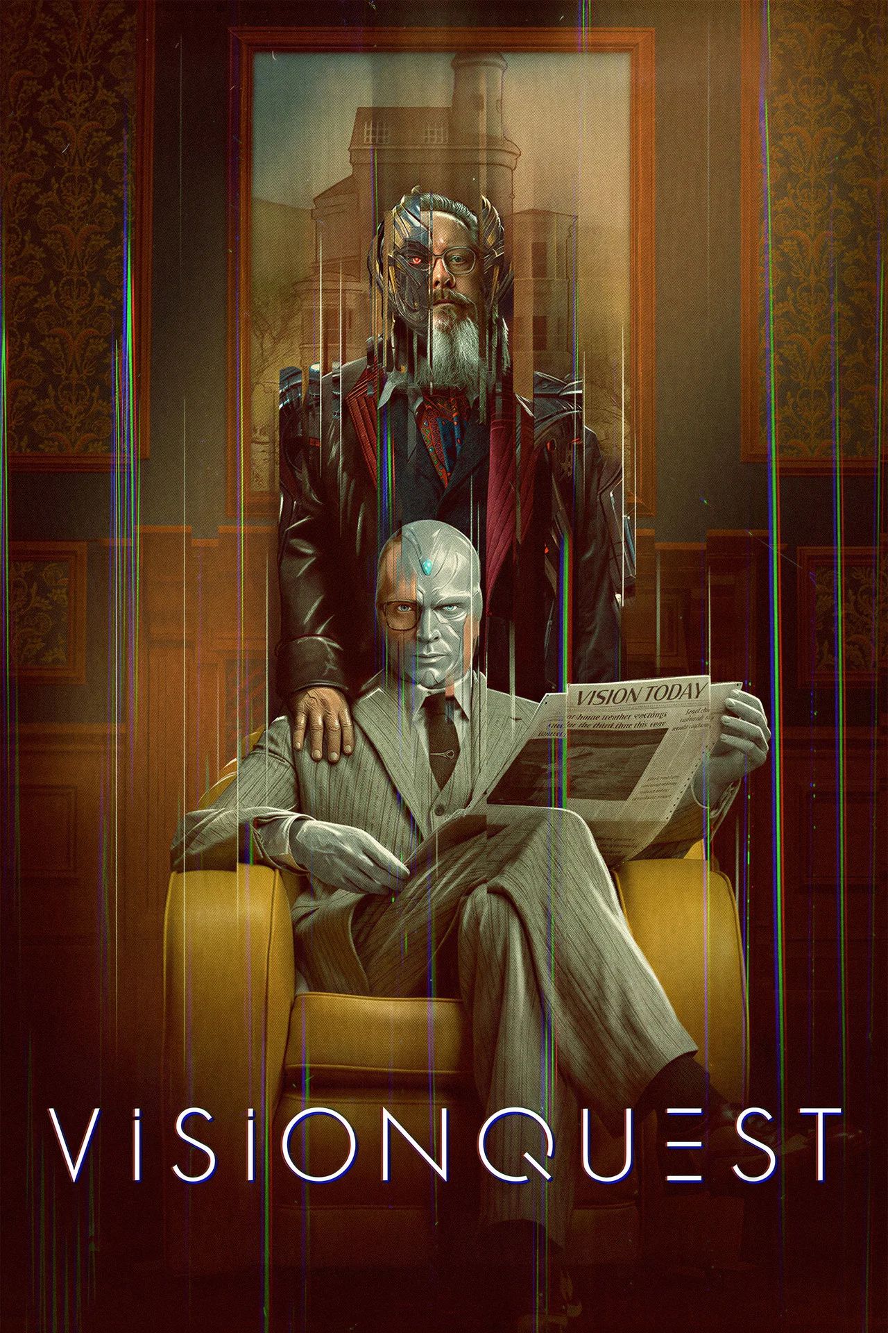 Official VisionQuest poster: Paul Bettany as White Vision in a glitching mid-century room with Ultron-coded menace behind the chair. Marvel / Disney+.
