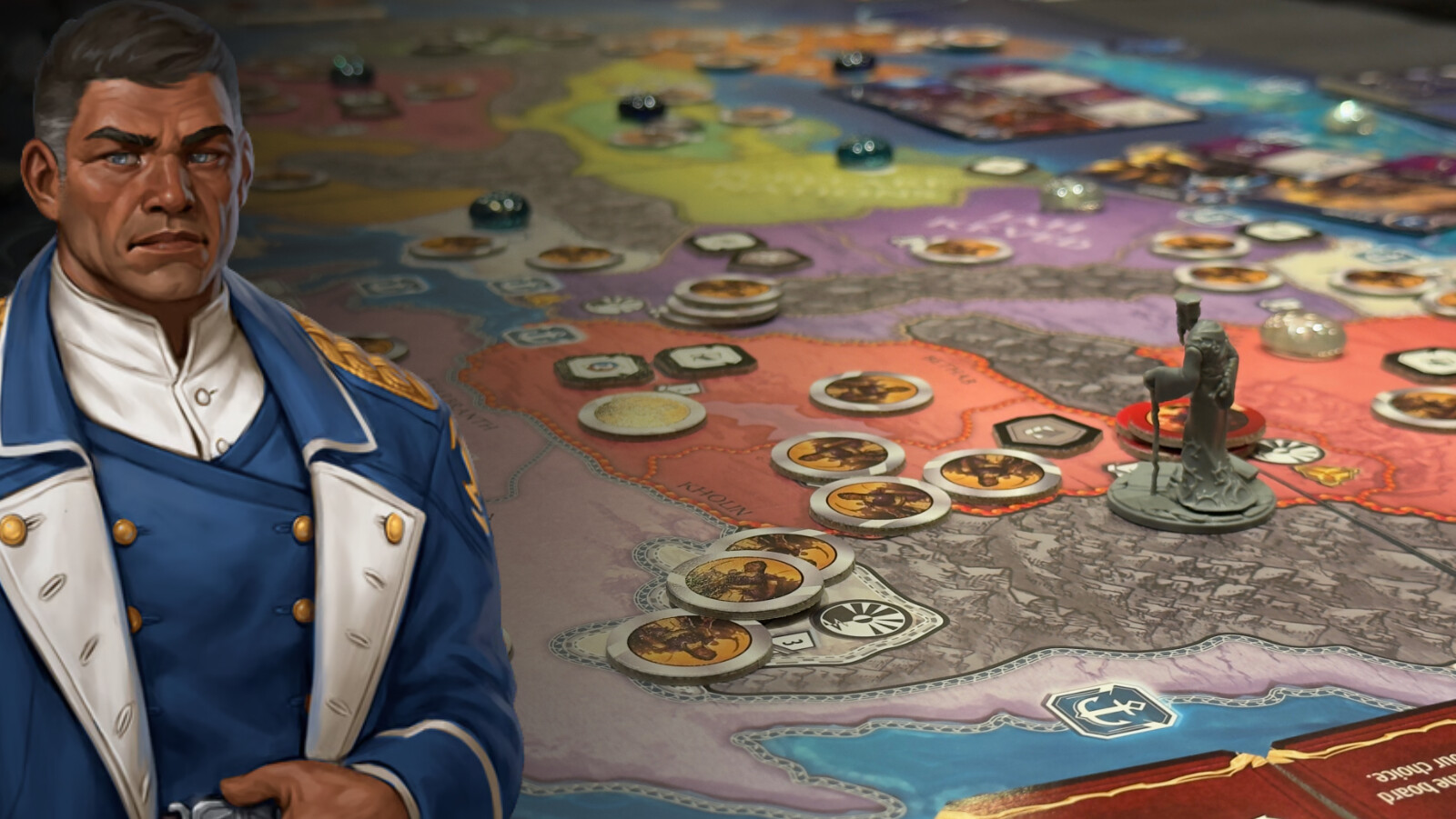 Gen Con preview photography for Stormlight: War for Roshar by Brotherwise Games and Dragonsteel: Dalinar art over a Roshar map prototype ahead of the October 13, 2026 Kickstarter.