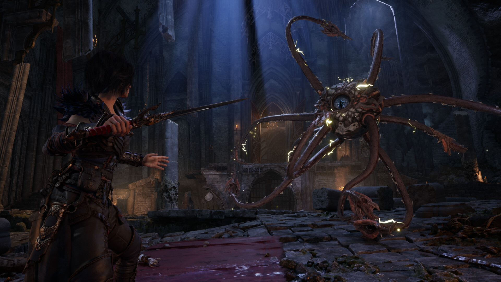 Official gameplay still from Warlock: Dungeons & Dragons (Invoke Studios / Wizards of the Coast): Kaatri moves through Darkon's unsettling open world with pact magic in hand.