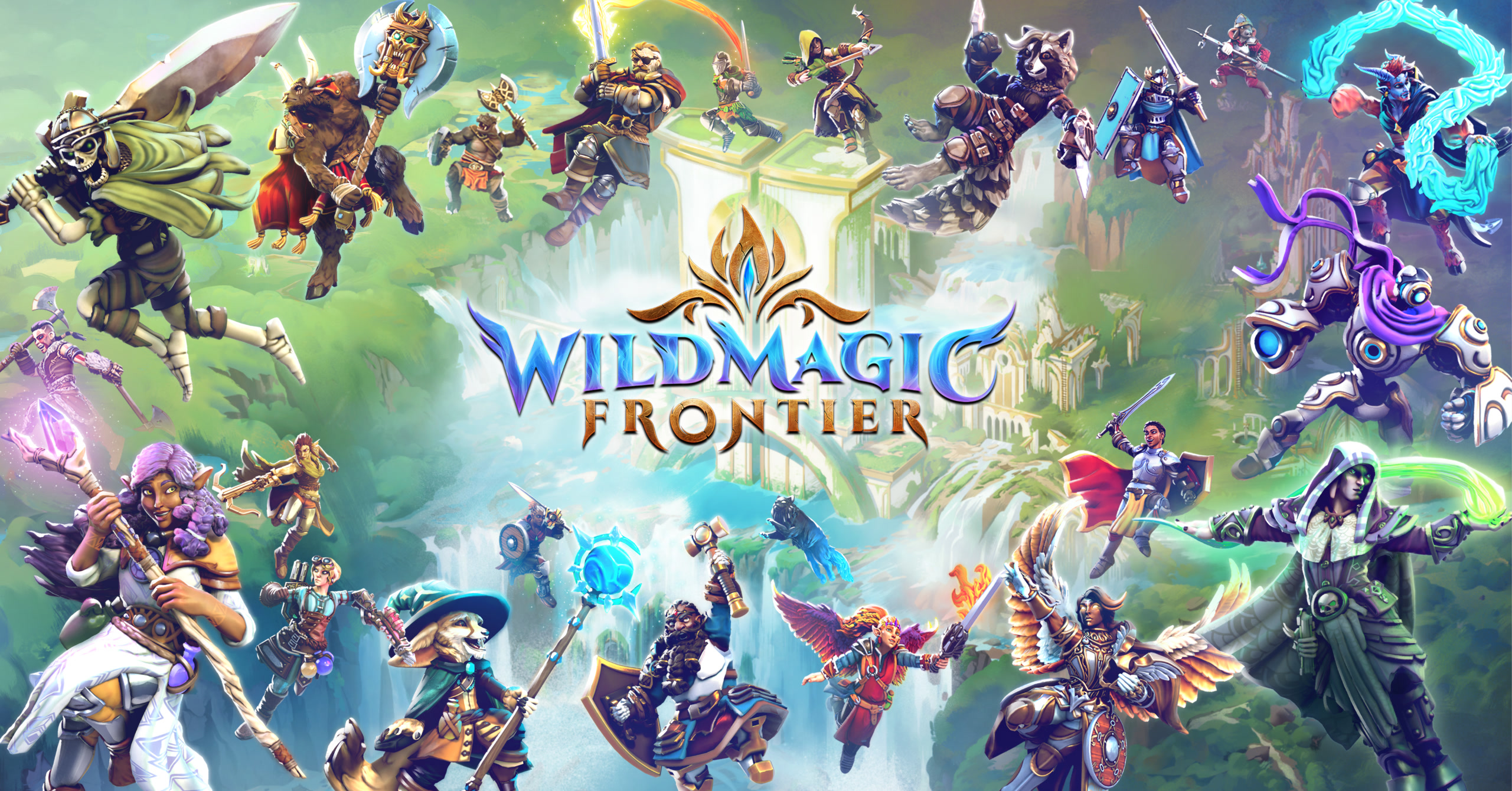 Official Wildmagic Frontier key art: a diorama-bright fantasy frontier with Hero Forge-style adventurers under wild-magic skies. Sky Castle Studios / Hero Forge, via Pixelkin.