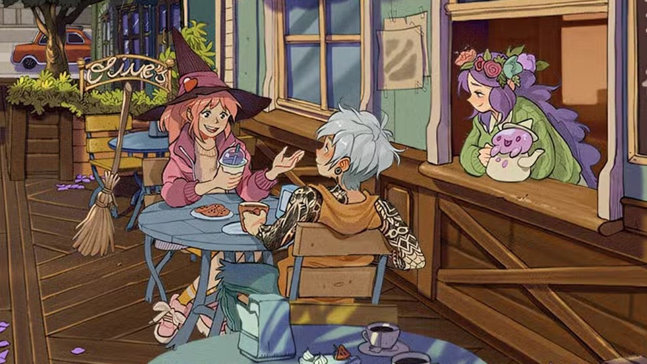 Witchbrook characters at an outdoor cafe table in Mossport (Chucklefish, via Nintendo Life).