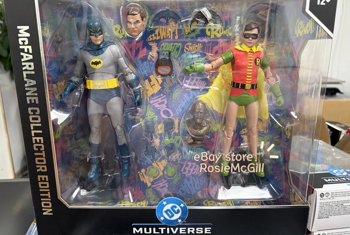 McFarlane Collector Edition Batman and Robin (1966) 2-pack in the window box, Shakespeare bust included. Packaged set photo.